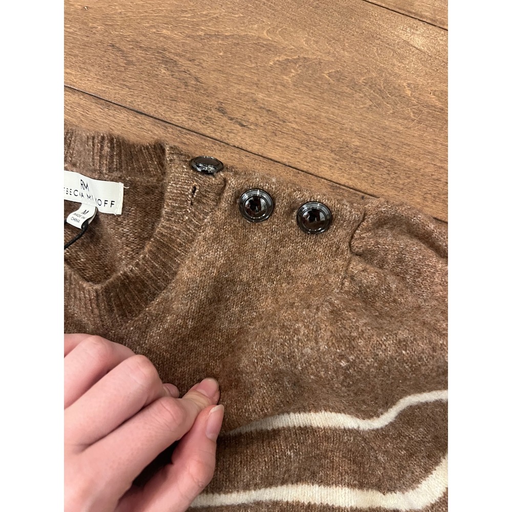 Rebecca Minkoff Brown Striped Puff Shoulder Button Accent Sweater NWT 7RMD8065J - Picture 5 of 7